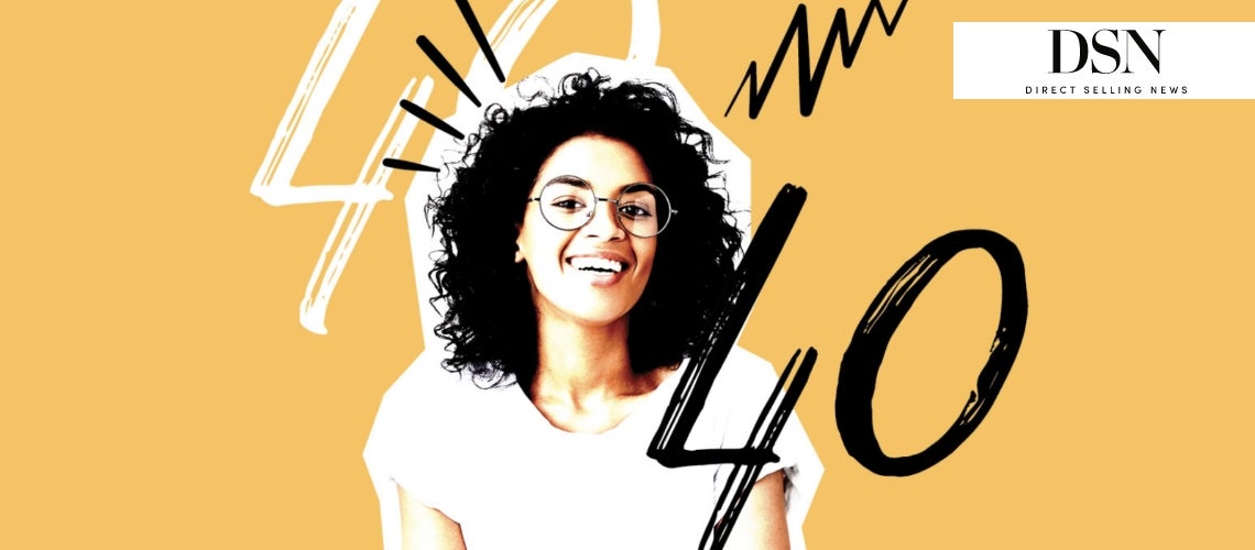 Image of a woman on a yellow background with the number 40 written in black ink and white ink. 