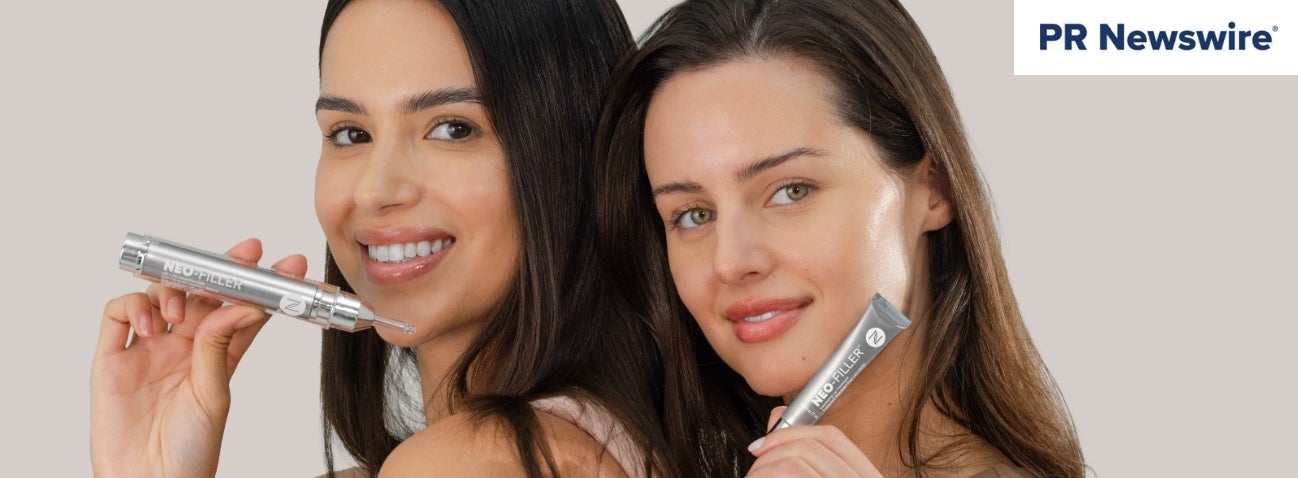 Two women posing with a Neo-FILLER tube and a Neo-FILLER Volumizing Lip Treatment tube. The corner of the graphic has a PR Newswire logo.