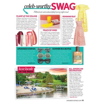 Image of a magazine spread including a variety of summer-friendly products including apparel, lip products, sunglasses, and NeoraGlow Illuminating Body Oil.
