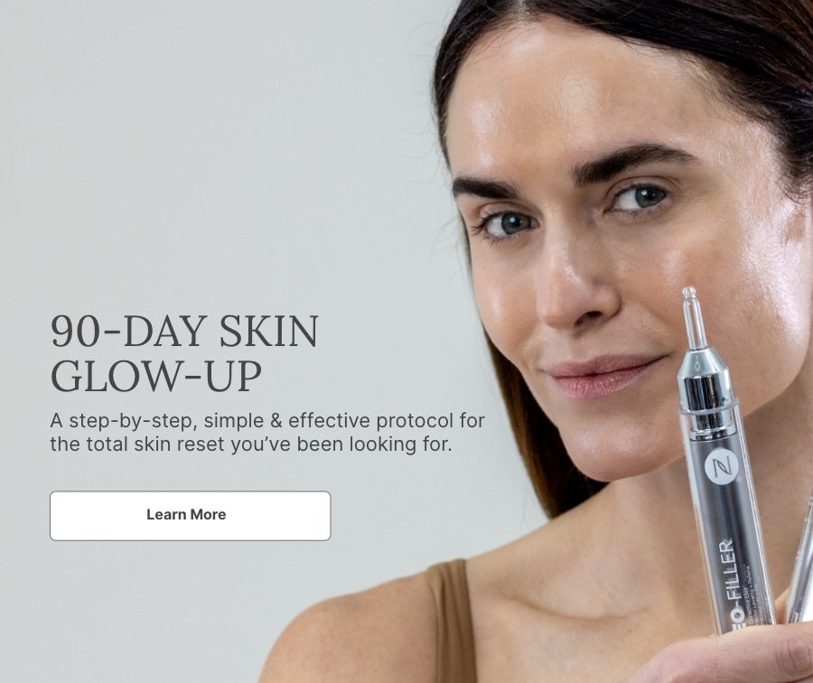 A woman holds a Neo-FILLER tube to her face. Accompanying text mentions you can more learn more about a 90-Day Skin Glow-Up.