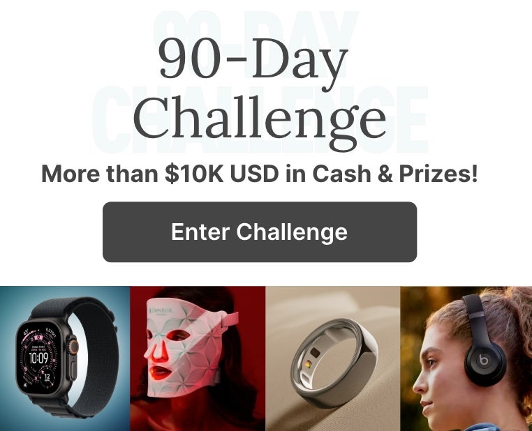 Neora’s 90-Day Challenge promotion featuring over $10,000 in cash and prizes, which include wireless headphones, a fitness ring, a smartwatch, a tablet, and a LED light therapy face mask.