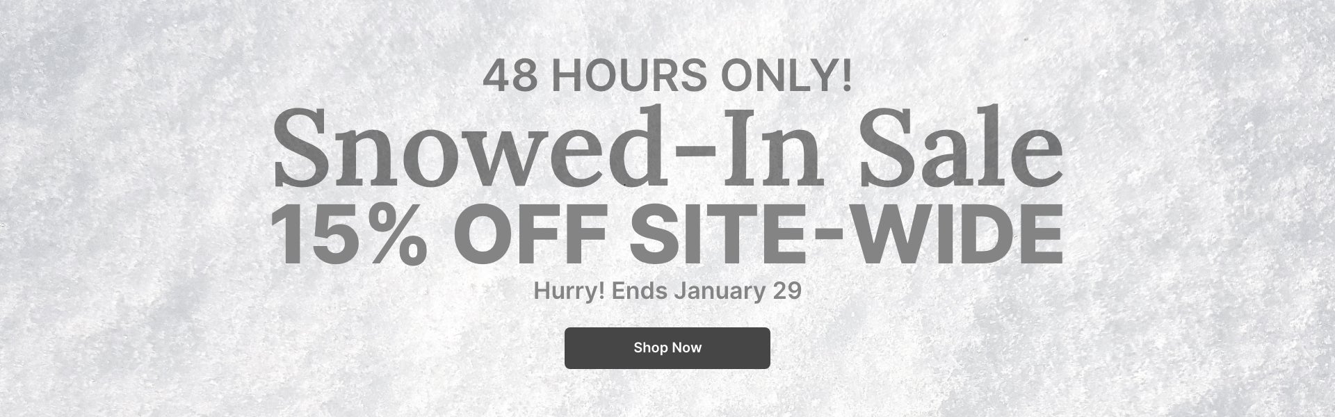 48 HOURS ONLY! Snowed-In Sale: 15% OFF SITE-WIDE, ending January 28.