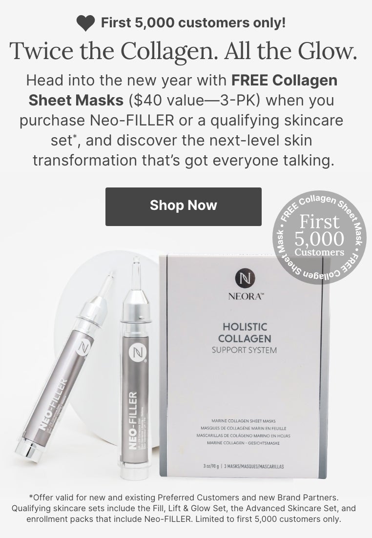 Two Neo-FILLER tubes standing next to a Collagen Sheet Mask box. Accompanying text mentions that the first 5,000 customers can earn FREE Collagen Sheet Masks ($40 value—3-PK) with a purchase of Neo-FILLER or a qualifying set. 