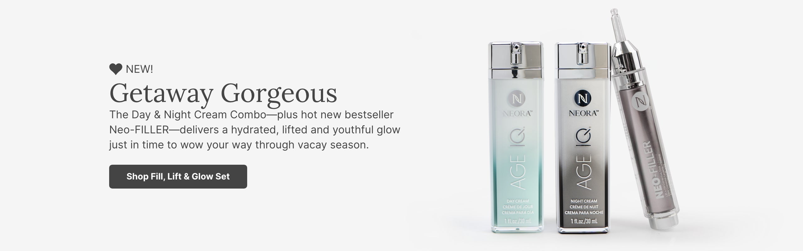 The Day & Night Combo + Neo-FILLER deliver a hydrated, lifted and youthful glow. Featured is the Fill, Lift & Glow Set.