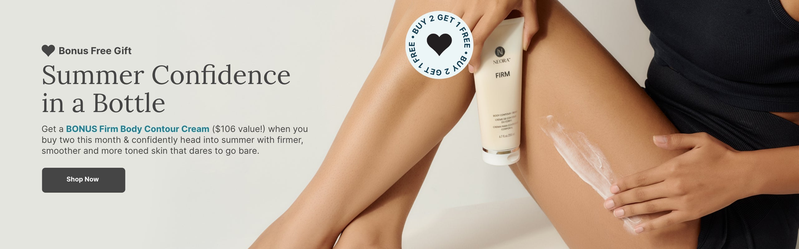 A seated woman applies Firm Body Contour Cream to her thigh, with a BUY 2 GET 1 FREE March promotion.