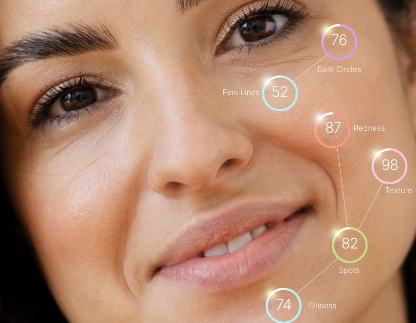 A close-up of a smiling woman’s face with an AI skin scan overlay showing scores for dark circles, moisture, redness, texture, spots, and oiliness. Featured is text reading “Intelli-SKIN Facial Scan,” and a “Start My Scan” button underneath it.