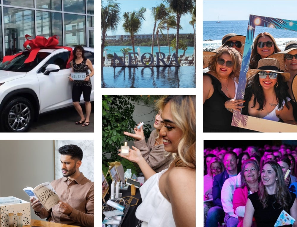 A collage of Neora Brand Partners achieving awards, opening product boxes, trying out Neora samples, sitting in a conference crowd, and celebrating on a beach.