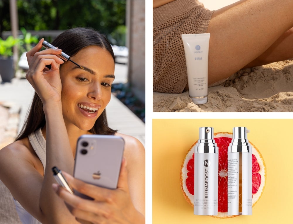 A collage of three images. A woman uses her phone as a mirror and applies LashLush to her right eyebrow. A woman holds up bottles of Age IQ Day and Night Cream. A picture of IllumaBoost bottles onto a slice of citrus fruit.