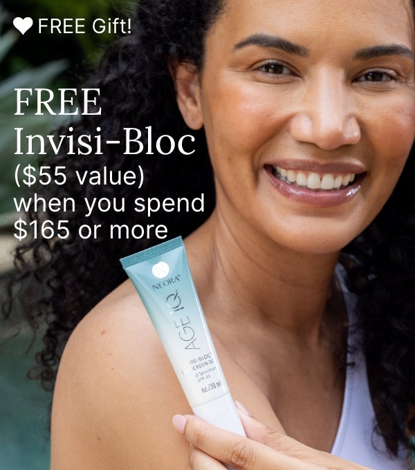 Preferred Customer Exclusive: spend $165 and get a FREE Invisi-Bloc SPF40 this month. Featured is a woman holding a tube of Invisi-Bloc.