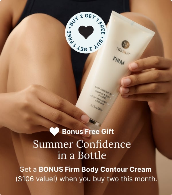 A seated woman holds up a bottle of Firm Body Contour Cream + a BUY 2, GET 1 FREE deal in March.