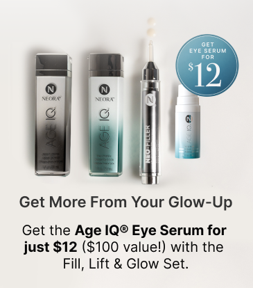Get Age IQ Eye Serum for $12 ($100 value) with the Fill, Lift & Glow Set. Featured is the Fill, Lift & Glow Set with an Age Eye Serum bottle. 