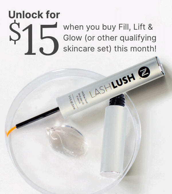 A GIF with two frames: first, a LashLash 3-in-1 Lash & Brow Serum on a clear dish, promoting a $15 offer with qualifying skincare sets. Second, a NeoraFit Plant-Based Protein Powder bag with a shaker bottle, promoting the same $15 offer with qualifying NeoraFit sets.