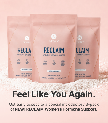 NEW: Get early access to a 3-pack of RECLAIM Women’s Hormone Support. Featured are three bags of RECLAIM resting on a pile of the RECLAIM product powder.