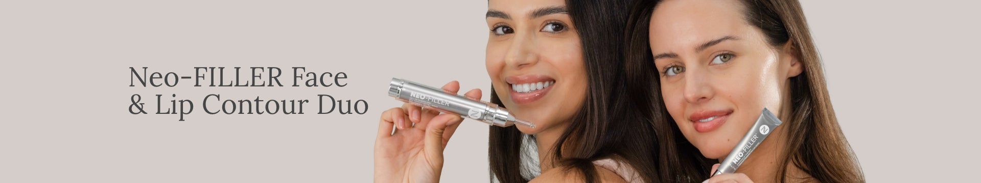 Neo-FILLER Face & Lip Contour Duo. Featured is a pair of women posing with these products.