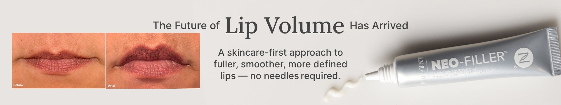 Introductory discount: 50% Off Neo-FILLER Volumizing Lip Treatment with any Neo-FILLER or Neo-FILLER Set purchase. Featured is a woman applying Neo-FILLER Volumizing Lip Treatment on her lips.