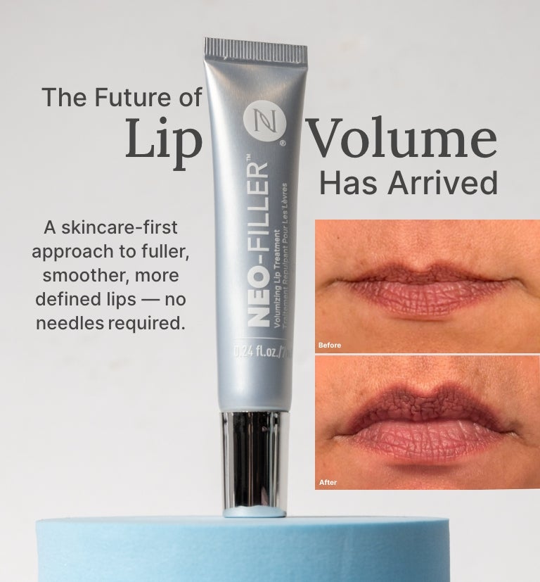 Introductory discount: 50% Off Neo-FILLER Volumizing Lip Treatment with any Neo-FILLER or Neo-FILLER Set purchase. Featured is a woman applying Neo-FILLER Volumizing Lip Treatment on her lips.