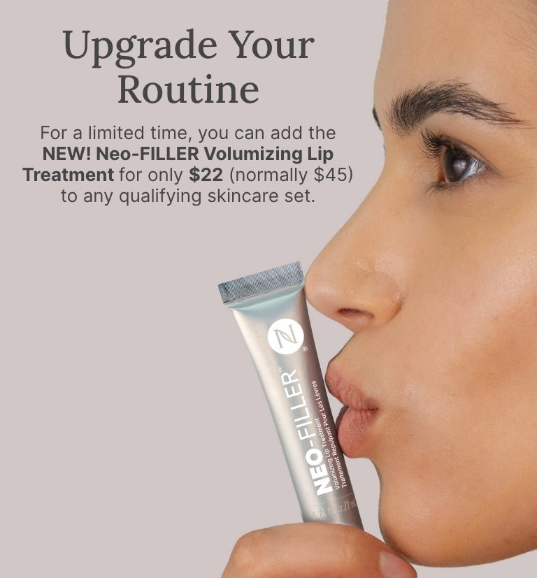 Introductory discount: 50% Off Neo-FILLER Volumizing Lip Treatment with any Neo-FILLER or Neo-FILLER Set purchase. Featured is a woman applying Neo-FILLER Volumizing Lip Treatment on her lips.