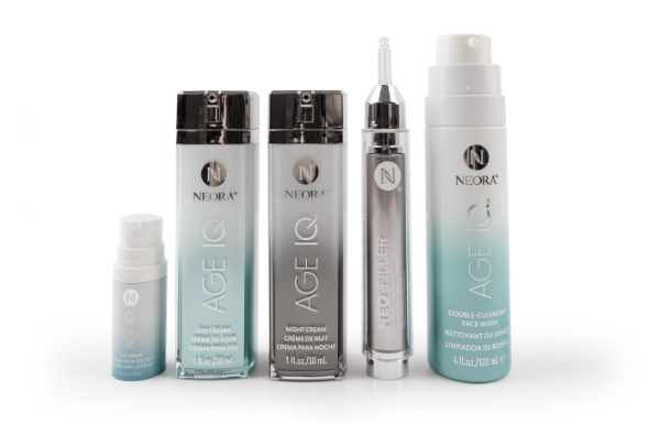 Bottles of Age IQ Eye Serum, Age IQ Day Cream, Age IQ Night Cream, Neo-FILLER, and Double-cleansing Face Wash bundled together.
