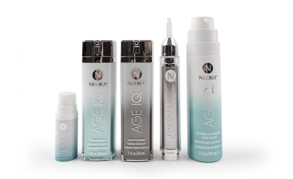 Bottles of Age IQ Eye Serum, Age IQ Day Cream, Age IQ Night Cream, Neo-FILLER, and Double-cleansing Face Wash bundled together.