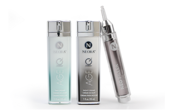 A set of Neo-FILLER, Age IQ Day Cream and Age IQ Night Cream bottles.