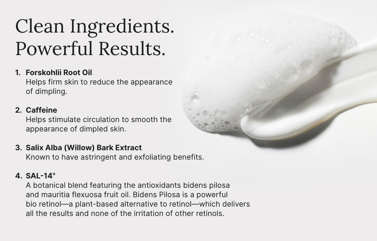 An infographic of the clean ingredients in the Firm + Glow Duo: Forskohlii Root Oil, Caffeine, Salix Alba (Willow Bark Extract), and SAL-14.