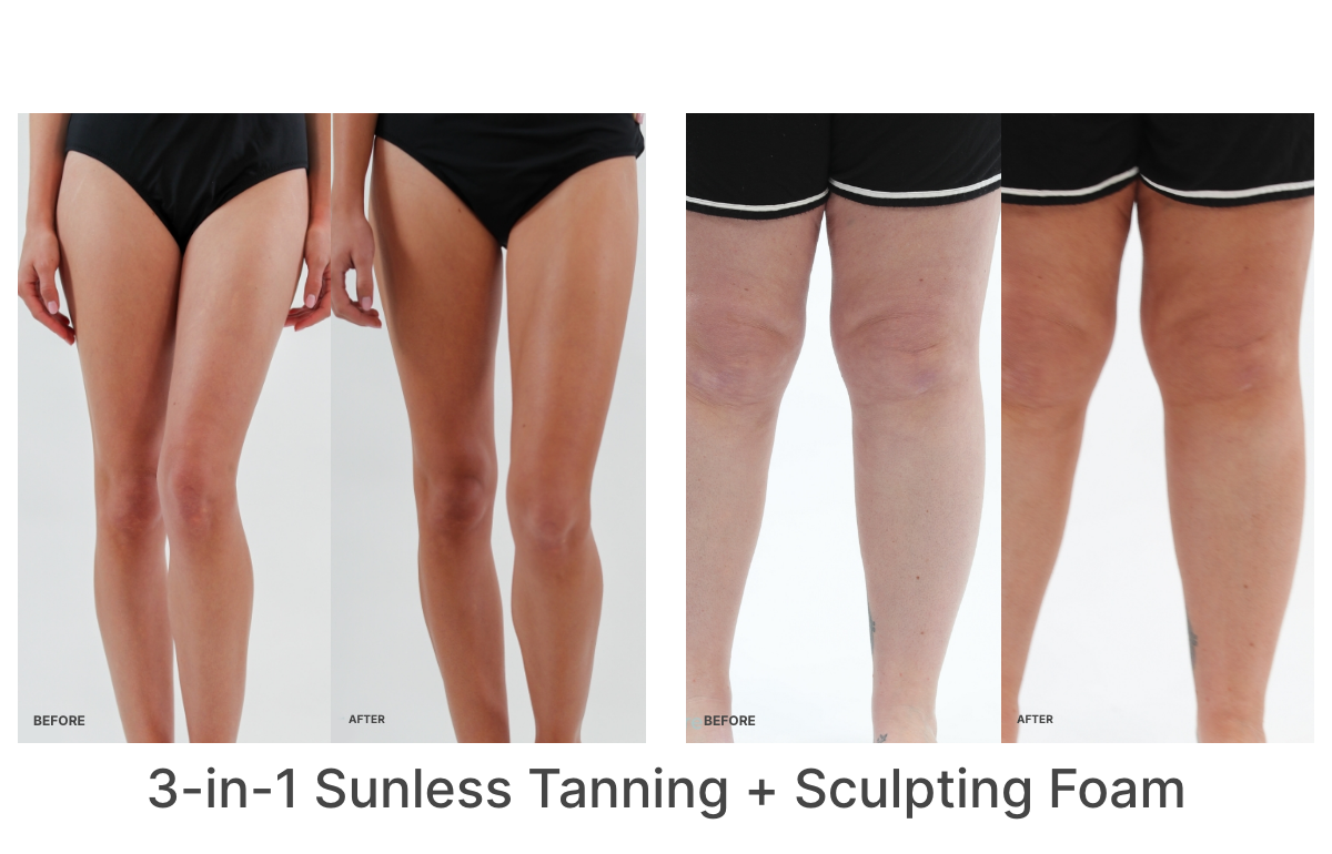 A collage of before and after Real Results of legs that have used the 3-in-1 Sunless Tanning + Sculpting Foam.