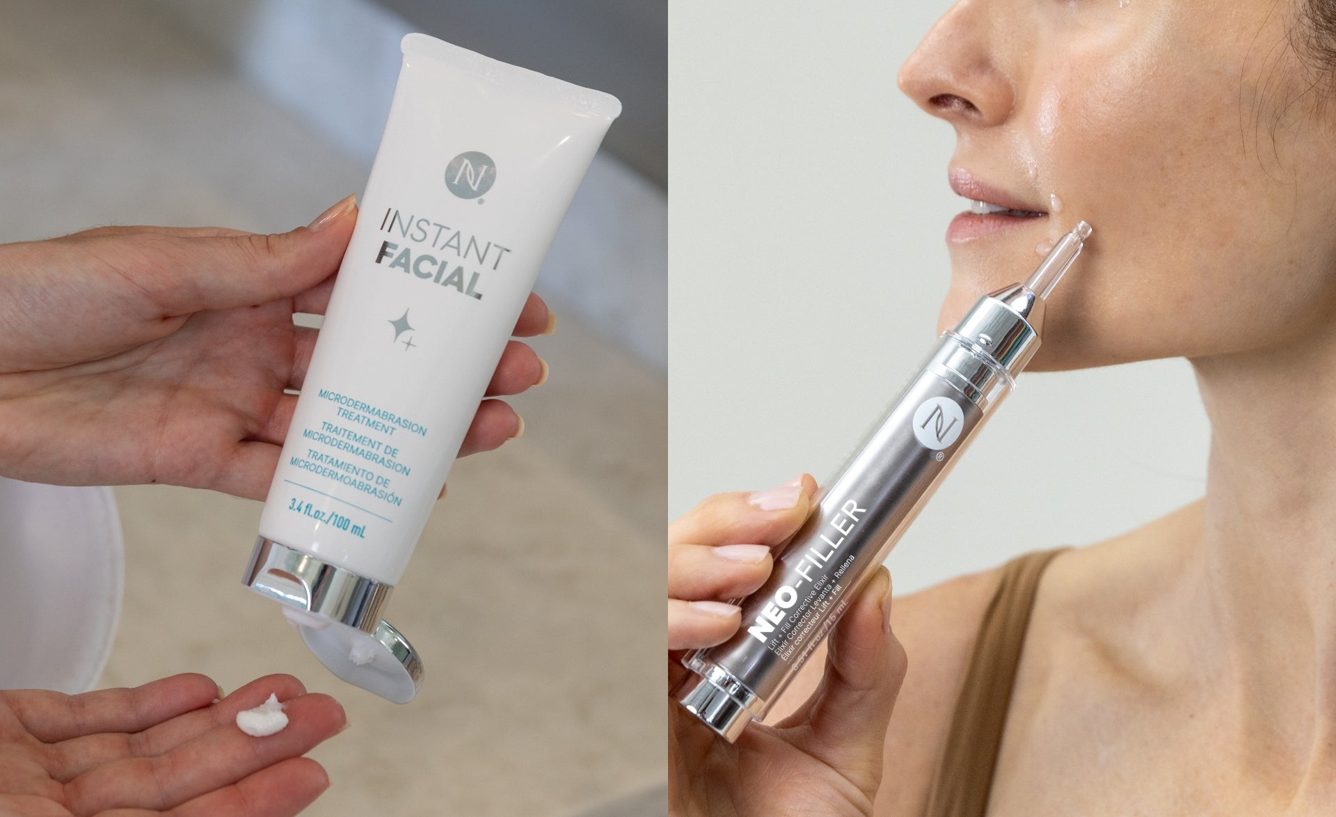 A collage of a person applying Instant Facial to their finger tips & a woman using Neo-FILLER on her cheek.