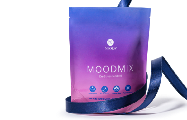 A bag of Neora’s MOOXMIX wrapped in blue ribbon.