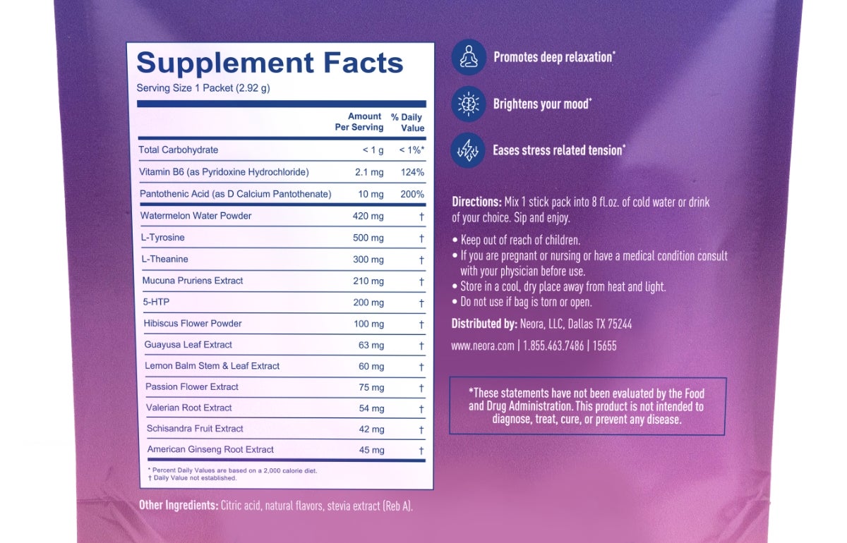The back packaging of a Neora MOODMIX bag showcasing the Supplement Facts and directions on how to use it.