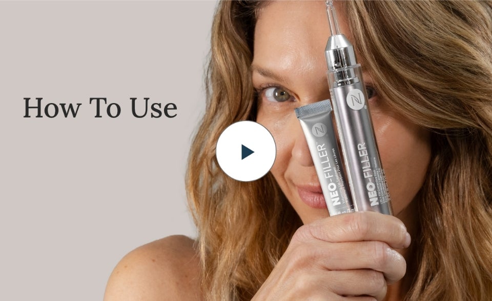A thumbnail for the How To Use video. Featured is a woman holding the Neo-FILLER Face & Lip Contour Duo products in front of her face.