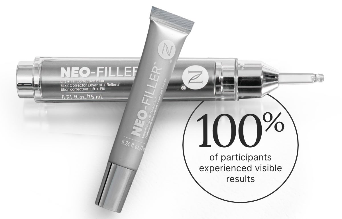 An infographic of 4-weeks results and 8-weeks clinical trial results of the Neo-FILLER Face & Lip Contour Duo. Featured is this duo of products stacked on each other.