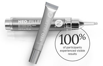 An infographic of 4-weeks results and 8-weeks clinical trial results of the Neo-FILLER Face & Lip Contour Duo. Featured is this duo of products stacked on each other.