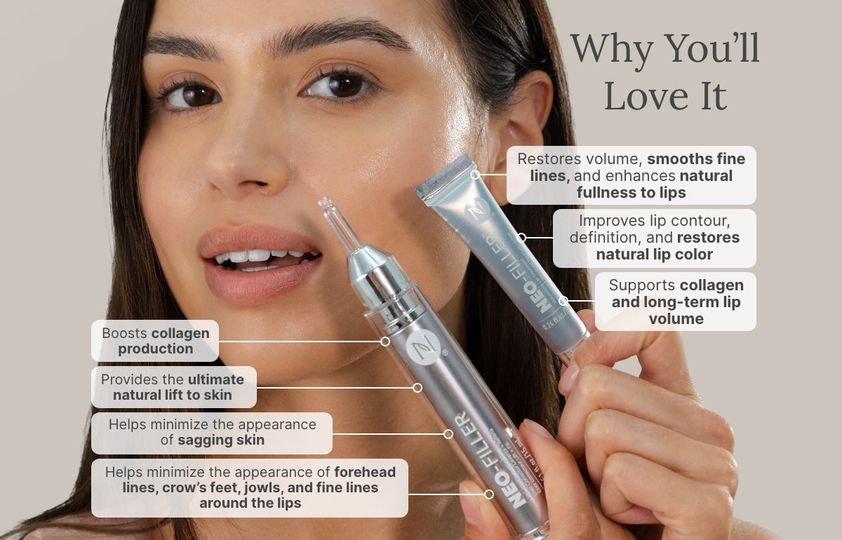 An infographic of reasons why you’ll love the Neo-FILLER Face & Lip Contour Duo. Featured is a woman holding the products up to her face.