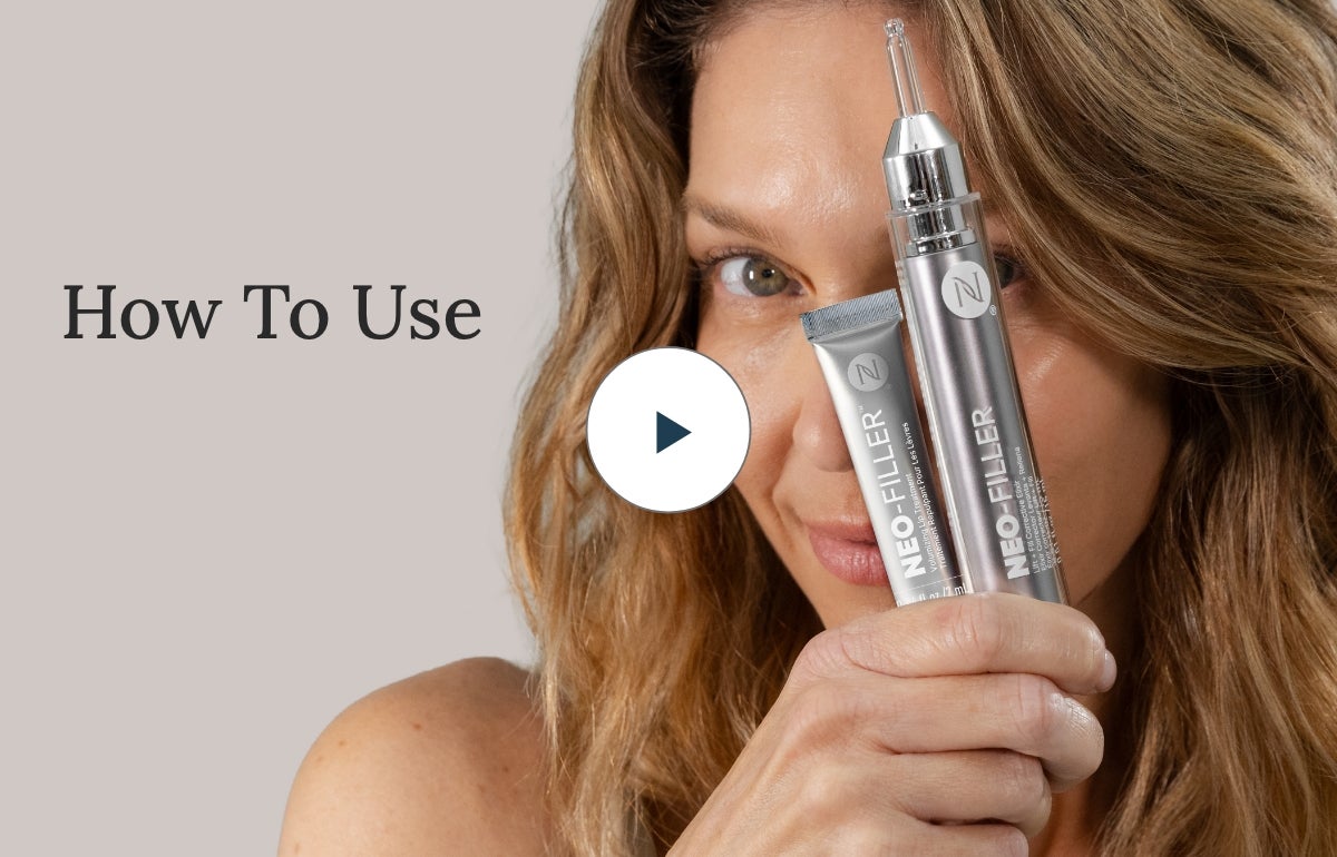A thumbnail for the How To Use video. Featured is a woman holding the Neo-FILLER Face & Lip Contour Duo products in front of her face.