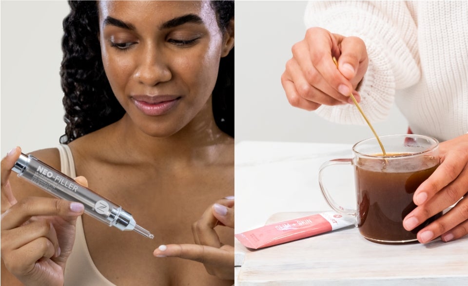 A woman applying Neo-FILLER to her finger tip & a woman mixing Slim + Skin powder into a glass cup of coffee.