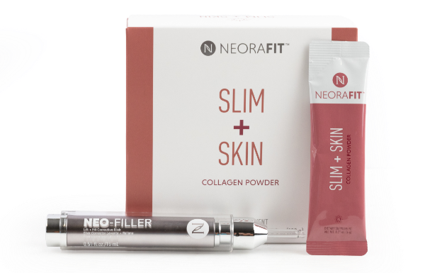 A box of NeoraFit Slim + Skin next to a tube of Neo-FILLER.