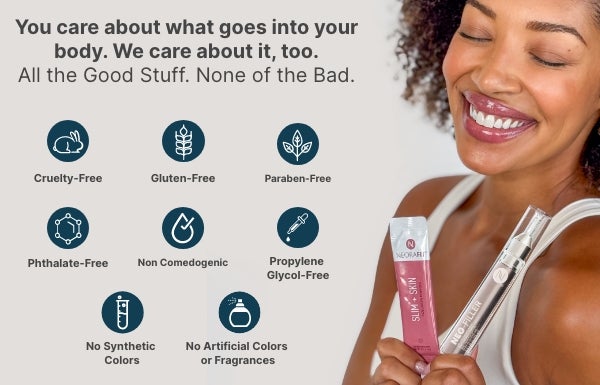 An infographic of a smiling woman holding a sachet of Slim + Skin with product benefits including cruelty-free, gluten-free, paraben-free, phthalate-free, non-comedogenic, propylene glycol-free, no synthetic colors, and no artificial fragrances. 