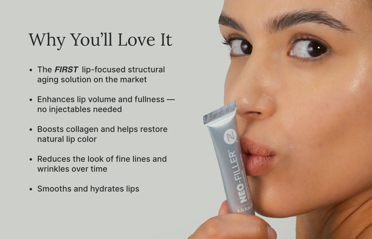 An infographic of reasons why you'll love Neo-FILLER Volumizing Lip Treatment. Featured is a woman kissing a product tube.