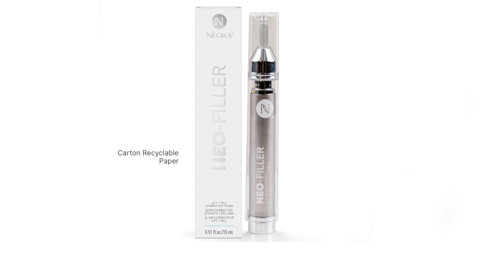 A Neo-FILLER tube next to it’s packaging. Carton is made of recyclable paper.
