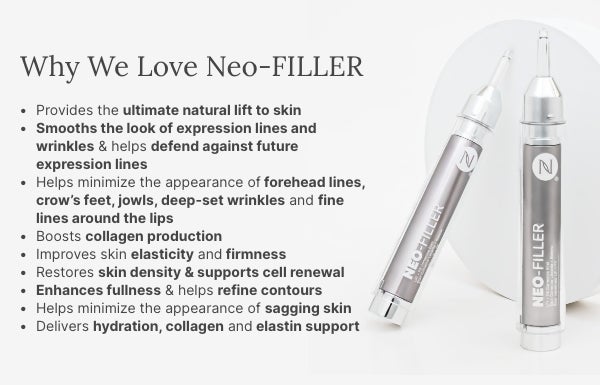 An infographic of reasons why we love Neo-FILLER. Featured are two Neo-FILLER tubes propped up.