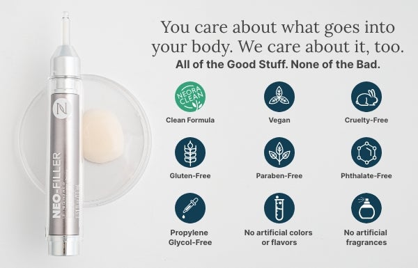 An infographic of all the good stuff and none of the bad stuff for Neo-FILLER. Featured is a Neo-FILLER tube on a petri dish.