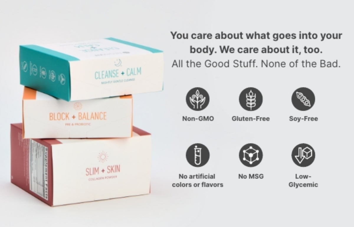 A stack of NeoraFit™ boxes next to accompanying text that talks about what NeoraFit™ has and doesn’t have.