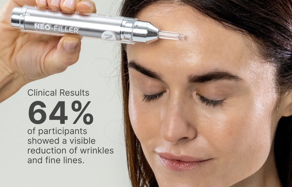 64% of clinical trial participants showed a visible reduction of wrinkles and fine lines. Featured is a woman holding a Neo-FILLER tube on her forehead.