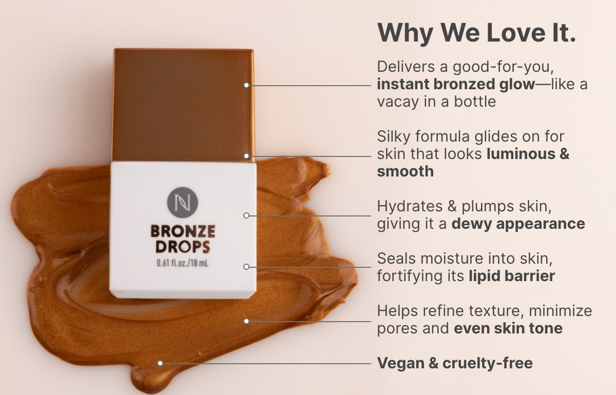 An infographic of a list of why we love Neora’s Bronze Drops. Featured is a Bronze Drops container onto of smeared product.