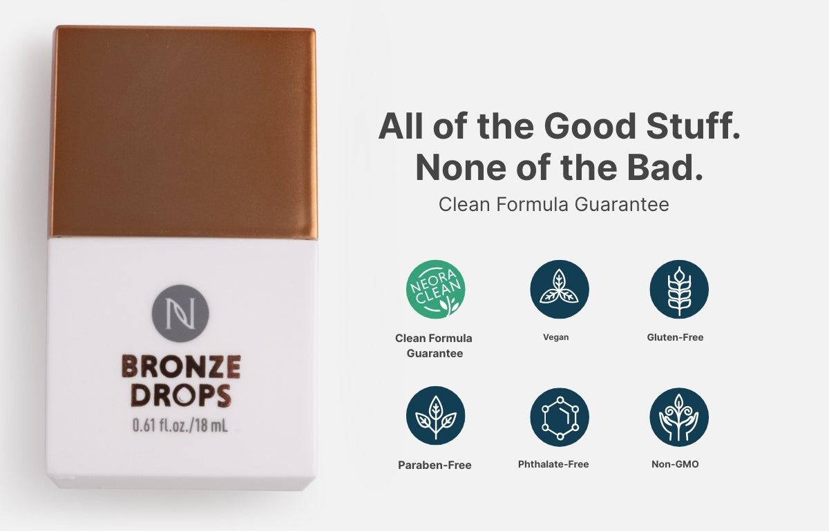 A container of Bronze Drops. Text highlights the clean formula guarantee: vegan, non-GMO, and free of gluten, paragon and phthalate.