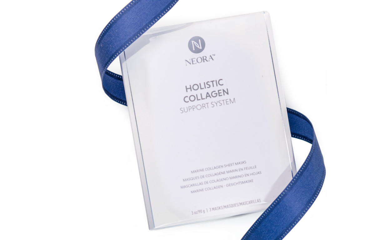 A box of Marine Collagen Sheet Masks wrapped in blue ribbon.