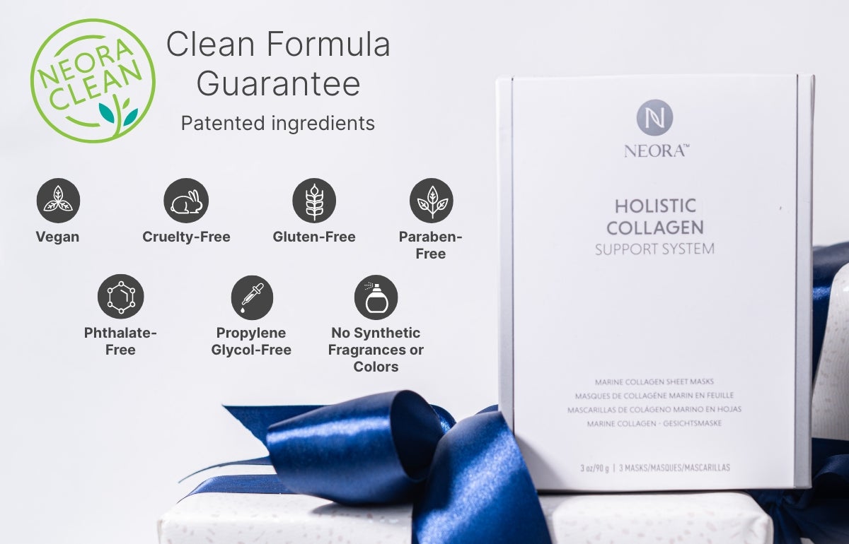 A box of Marine Collagen Sheet Masks surrounded by festive gift boxes. Text highlights clean formula guarantee: vegan, cruelty-free, gluten-free, paraben-free, phthalate-free, propylene glycol-free, and no synthetic fragrances or colors.