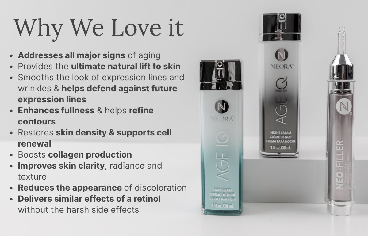 An infographic of why we love using the Fill, Lift & Glow Set. Featured is the set propped up on a stand.