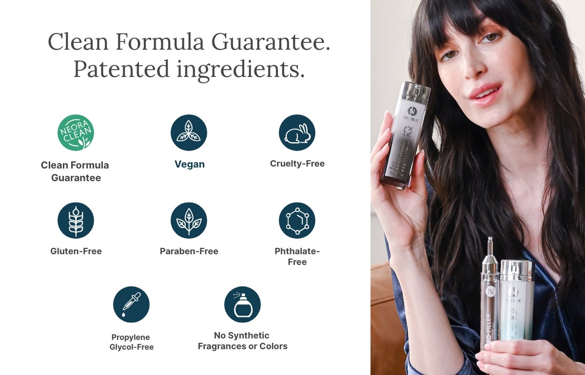 A woman holding Neo-FILLER and Age IQ Day & Night Cream. Text highlights the clean formula guarantee: vegan, no synthetic fragrances or colors, and free of cruelty, gluten, paragon, phthalate and propylene glycol.