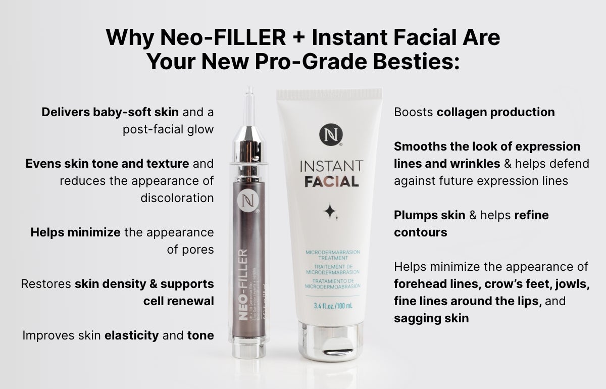 A Neo-FILLER and Instant Facial tube. Text highlights benefits: baby-soft skin, even skin tone and texture, minimizes pores, boost collagen production, and smooths wrinkles and lines.
